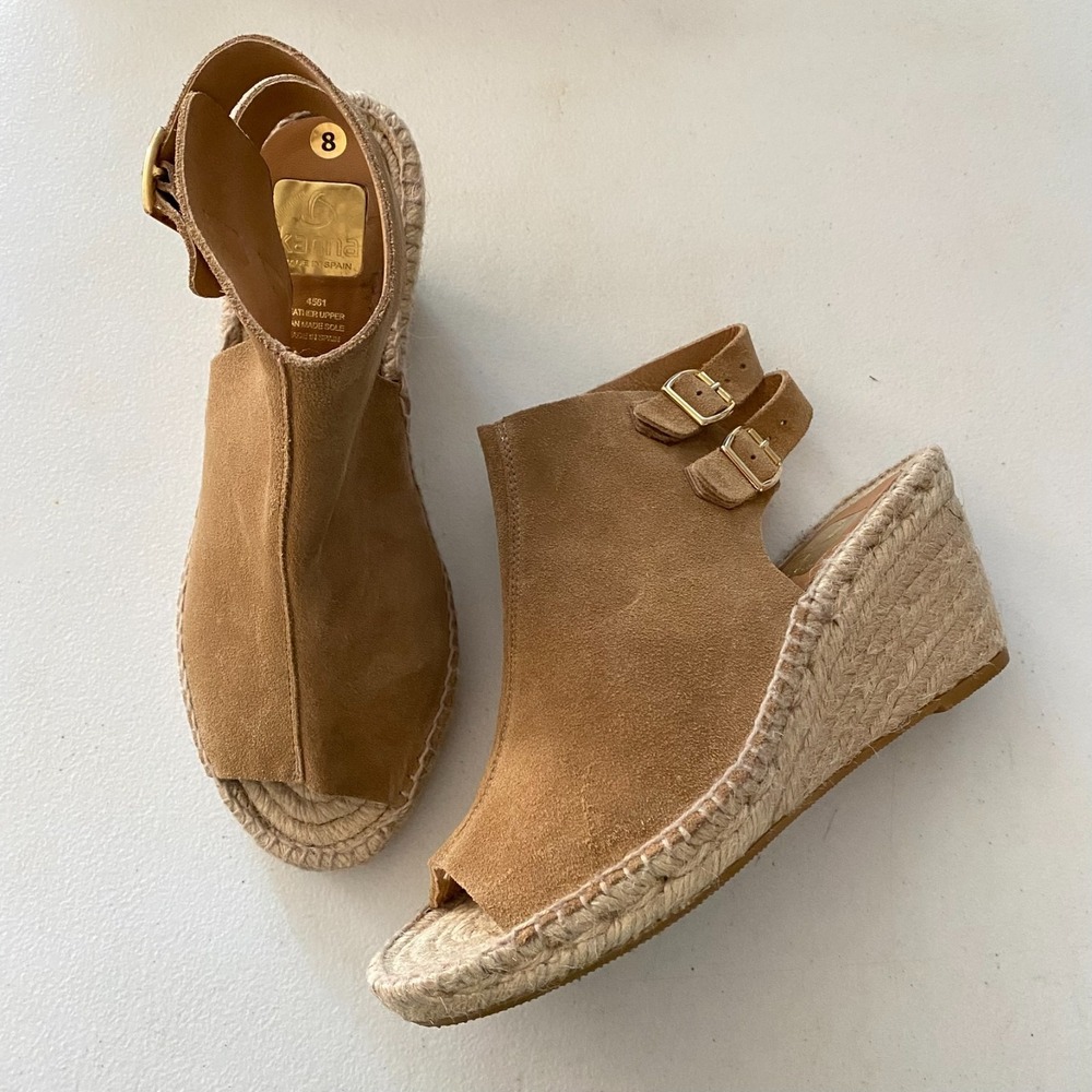 Kanna Women's Brown Espadrille Suede Double Buckle Open Toe Size 8